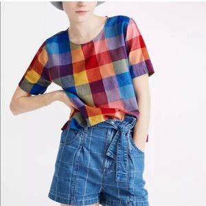 Madewell Rainbow Checkered Plaid Button Top